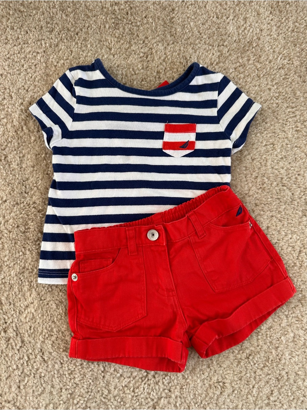 Nautica Navy, Red & White Striped Tee with Red Pocket and Red Shorts Set